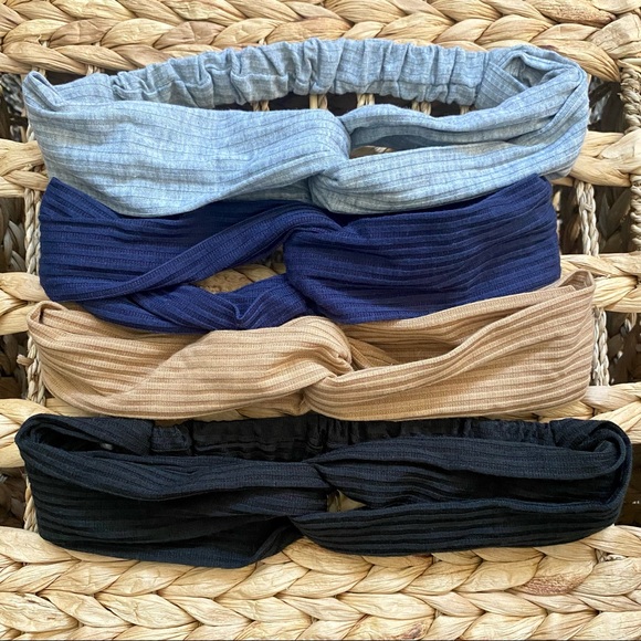 Set of 4 Ribbed Twist Front Headbands Black Tan Navy Grey Hippie Boho Hair Bands - Picture 3 of 6